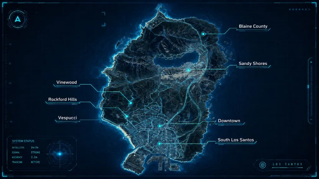 Los Santos Satellitenkarte – GPS Active – Downtown, Vinewood, Rockford Hills, Vespucci, South Los Santos, Sandy Shores, Blaine County